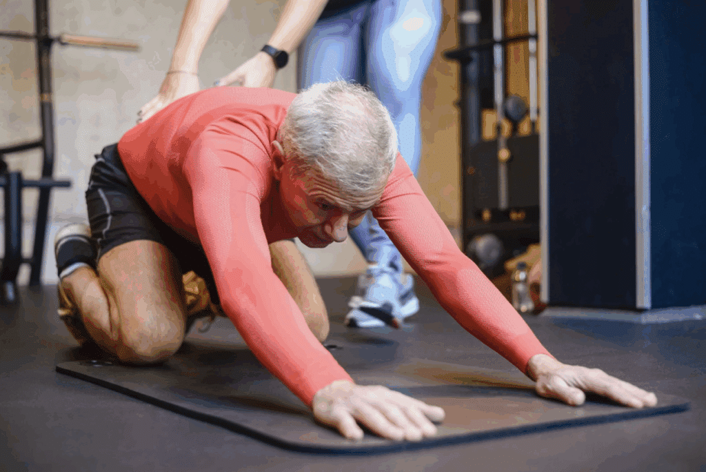 An older man stretching on the floor with a physical therapist