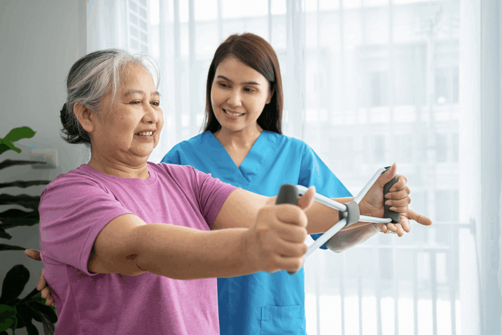 A nurse helping a senior woman with physical therapy