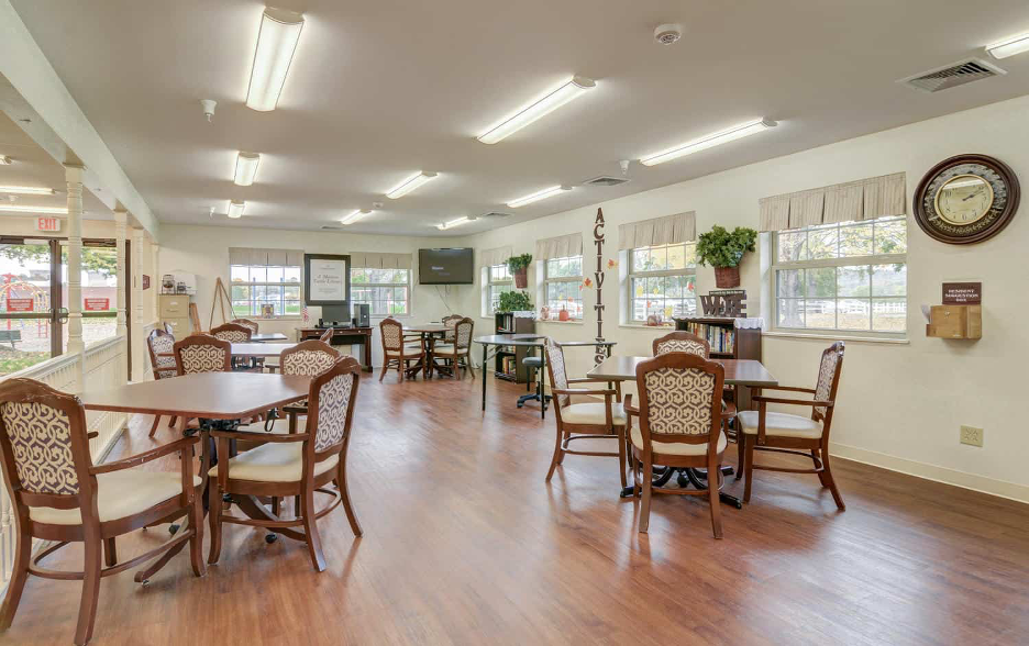 Skilled nursing facility Belmont Healthcare Facility in WV dining hall and game lounge area.
