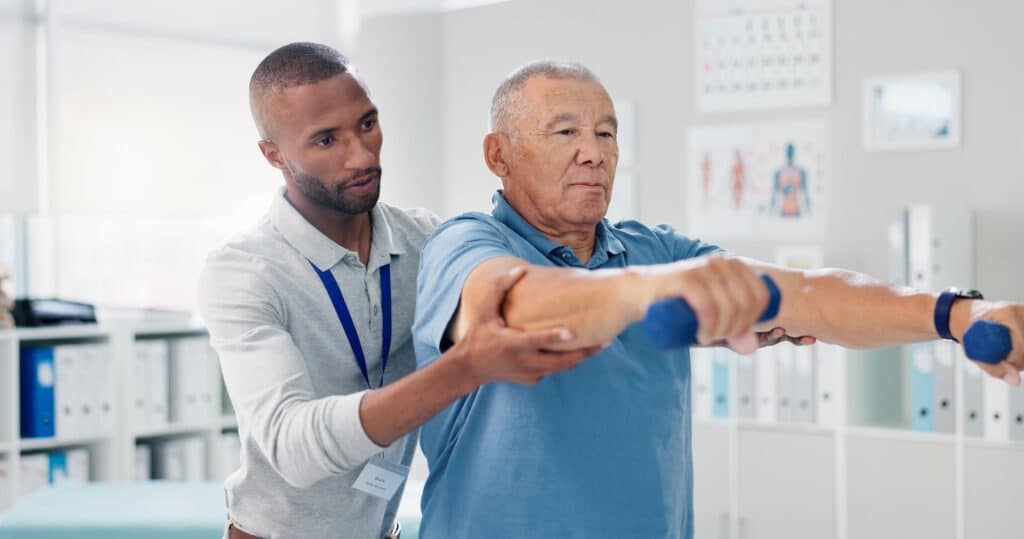 A senior undergoing physical therapy.